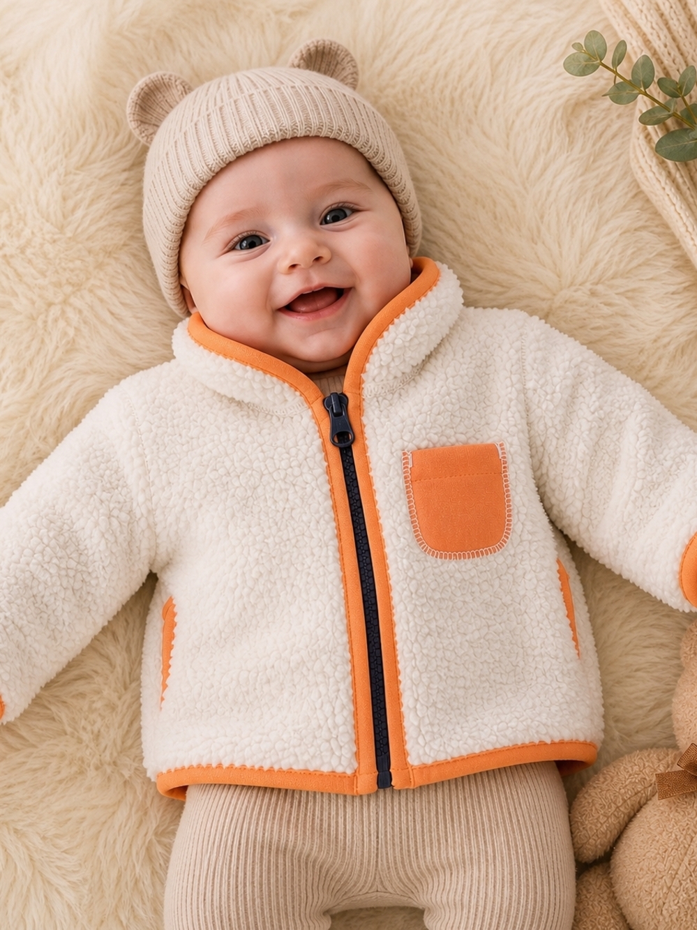 Cat & Jack Newborn Sherpa Fleece Jacket Cream Orange Trim Cozy Zip Up #1163